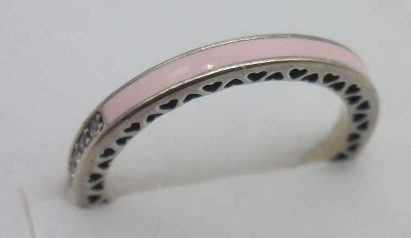 PANDORA Sterling Silver with hearts, Pink cubic zirconias & enamel Ring Size: L