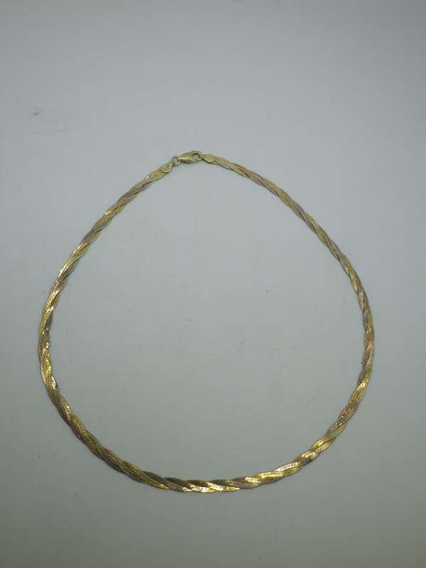 Stunning Sterling Silver & 3 tone rolled gold plaited necklace. 40.5cm 7grms