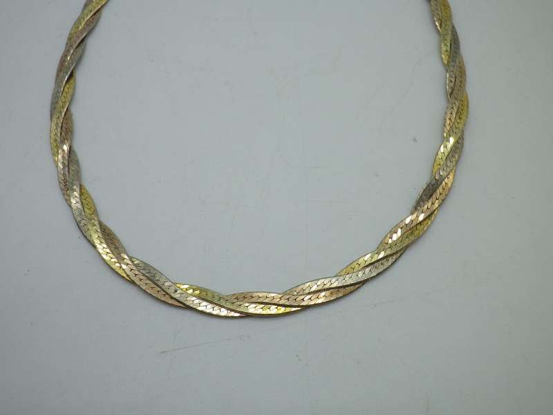 Stunning Sterling Silver & 3 tone rolled gold plaited necklace. 40.5cm 7grms