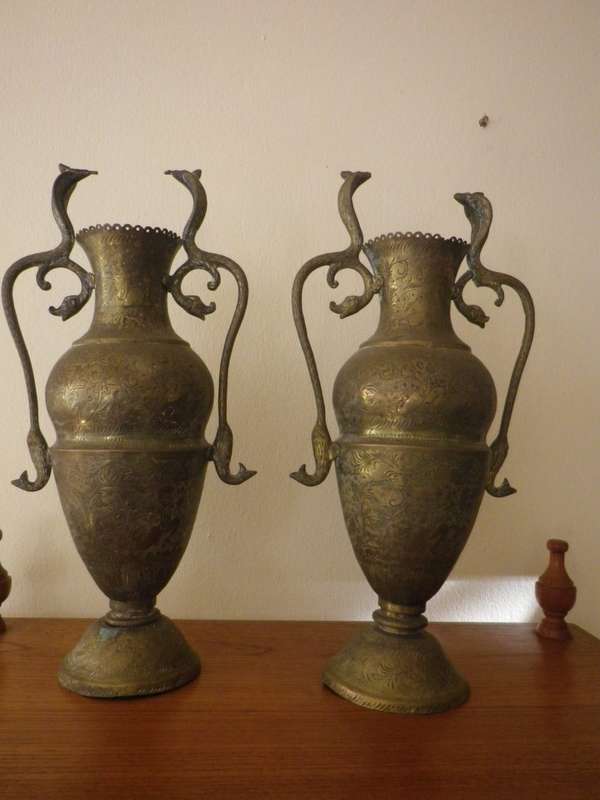 Pair LARGE ANTIQUE early 20 century ANGLO INDIAN BRASS COBRA VASES. DRAMATIC. 37cm tall