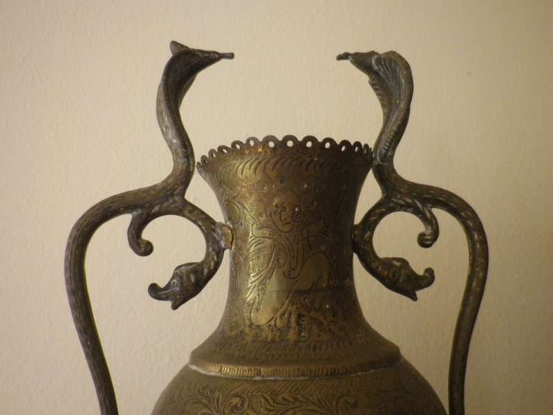 Pair LARGE ANTIQUE early 20 century ANGLO INDIAN BRASS COBRA VASES. DRAMATIC. 37cm tall