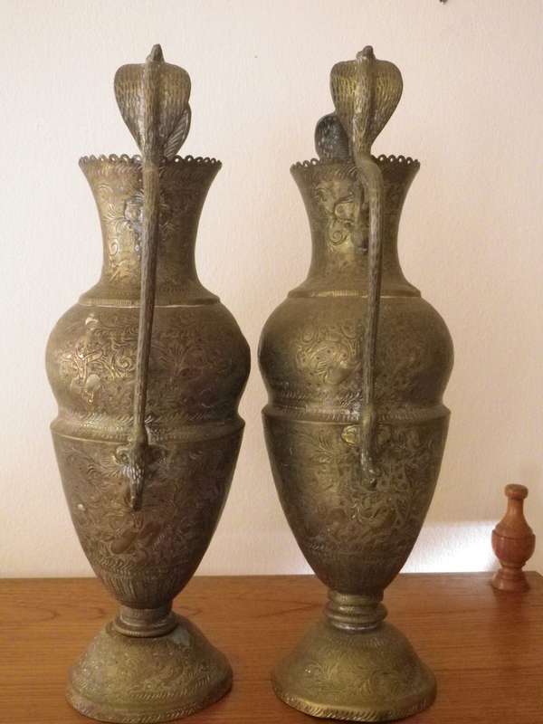 Pair LARGE ANTIQUE early 20 century ANGLO INDIAN BRASS COBRA VASES. DRAMATIC. 37cm tall