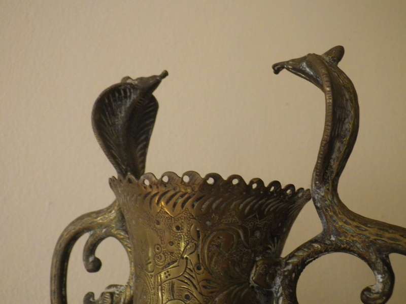 Pair LARGE ANTIQUE early 20 century ANGLO INDIAN BRASS COBRA VASES. DRAMATIC. 37cm tall