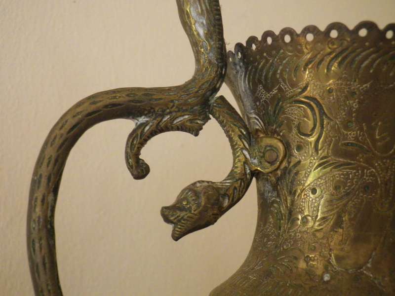 Pair LARGE ANTIQUE early 20 century ANGLO INDIAN BRASS COBRA VASES. DRAMATIC. 37cm tall