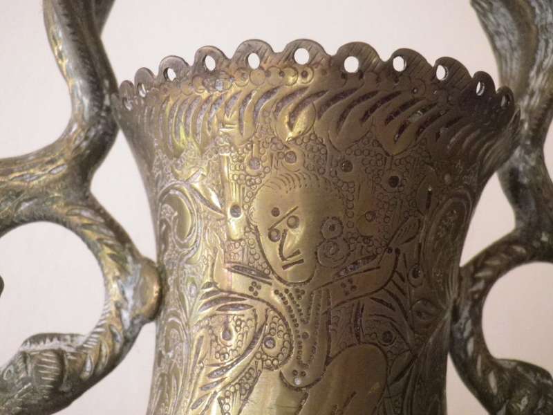 Pair LARGE ANTIQUE early 20 century ANGLO INDIAN BRASS COBRA VASES. DRAMATIC. 37cm tall