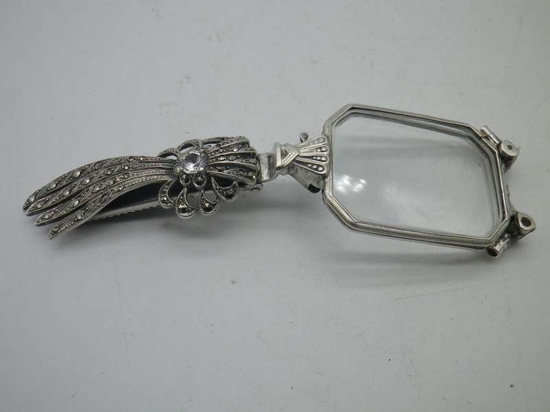 Victorian Silver, Marcasite & Crystal Folding LORGNETTE Opera Glasses. Beautiful
