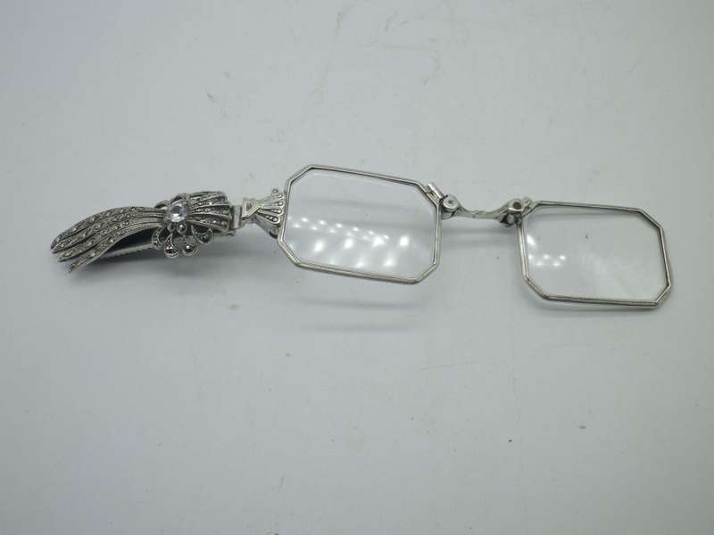 Victorian Silver, Marcasite & Crystal Folding LORGNETTE Opera Glasses. Beautiful