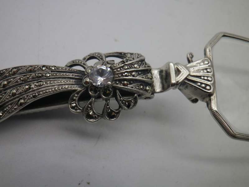 Victorian Silver, Marcasite & Crystal Folding LORGNETTE Opera Glasses. Beautiful