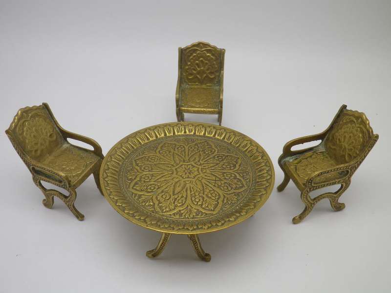 Miniature Solid Brass Table & Three chairs. CUTE!
