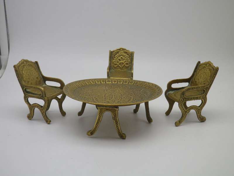 Miniature Solid Brass Table & Three chairs. CUTE!