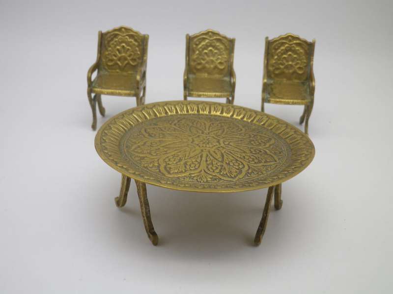 Miniature Solid Brass Table & Three chairs. CUTE!