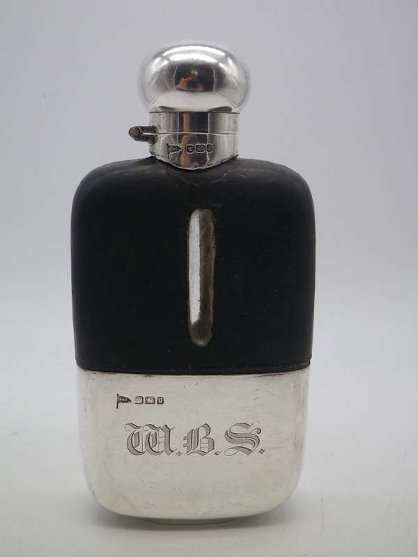 Antique Hallmarked silver, Glass and Leather Hip Flask. Sheffield, 1899 Walker & Hall