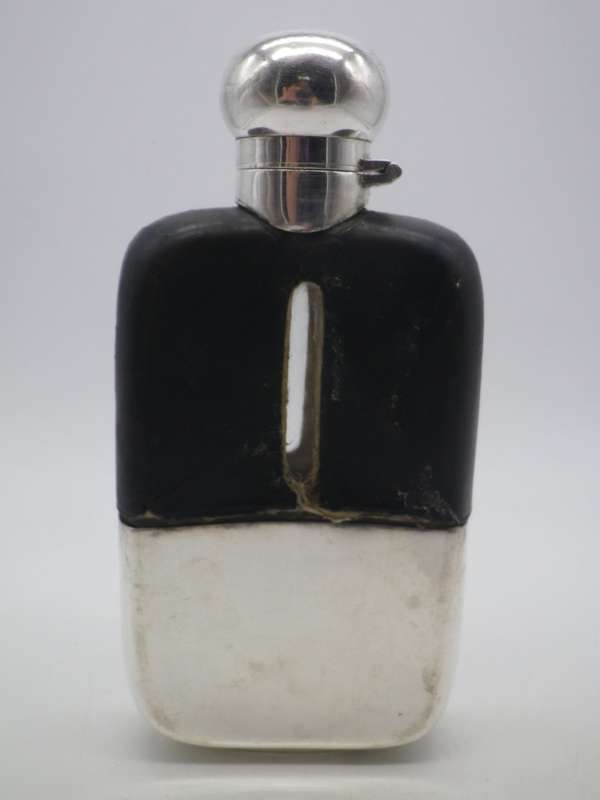 Antique Hallmarked silver, Glass and Leather Hip Flask. Sheffield, 1899 Walker & Hall