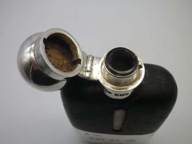 Antique Hallmarked silver, Glass and Leather Hip Flask. Sheffield, 1899 Walker & Hall