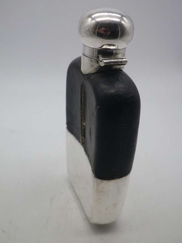 Antique Hallmarked silver, Glass and Leather Hip Flask. Sheffield, 1899 Walker & Hall