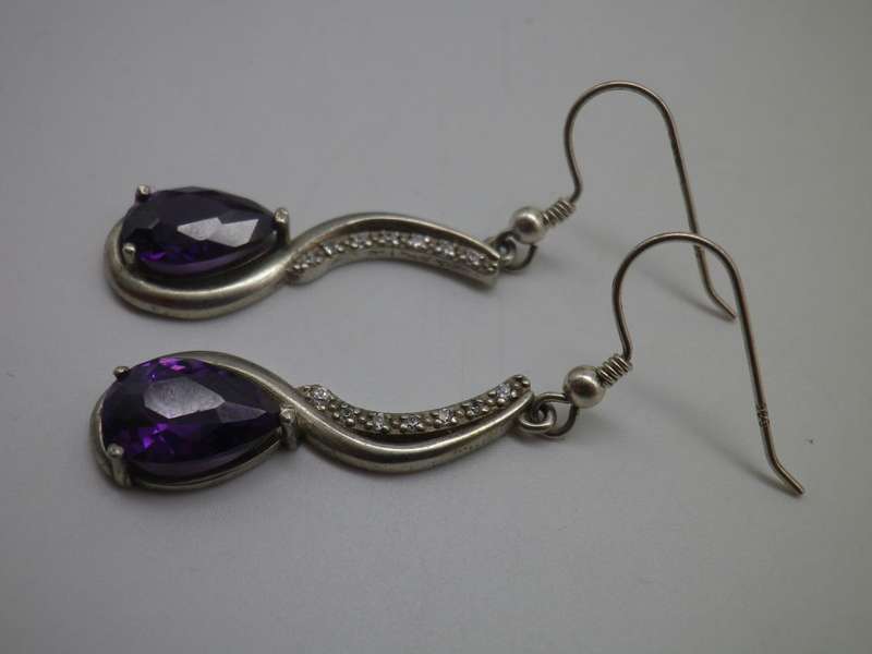 925 Sterling silver drop earrings with pearcut purple stones & 7 cubic zirconias. 3.5cm 6.6g