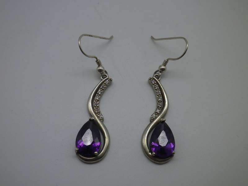 925 Sterling silver drop earrings with pearcut purple stones & 7 cubic zirconias. 3.5cm 6.6g