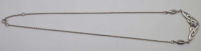 CELTIC DESIGN Sterling Silver & AMETHYST VINTAGE NECKLACE. 46cm 7g Charming & Unusual