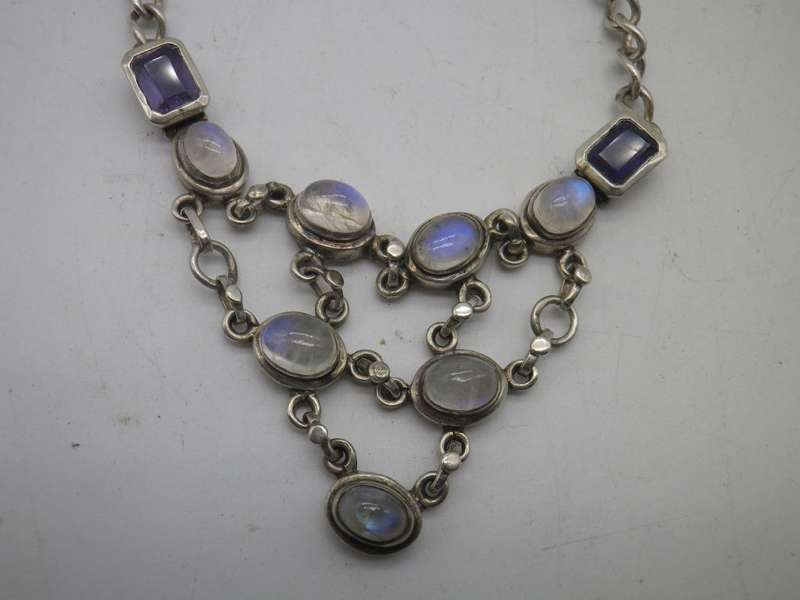 Sterling Silver,  MOONSTONE & Amethyst Boho Design necklace. GORGEOUS!