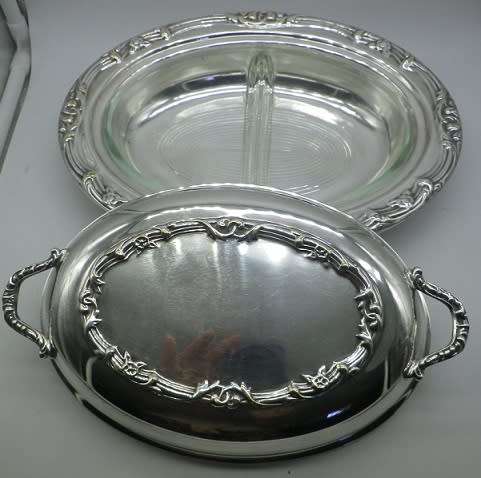 Attractive Silver Plated Lidded Oval Entree Serving Dish with Glass liner Very Good Condition
