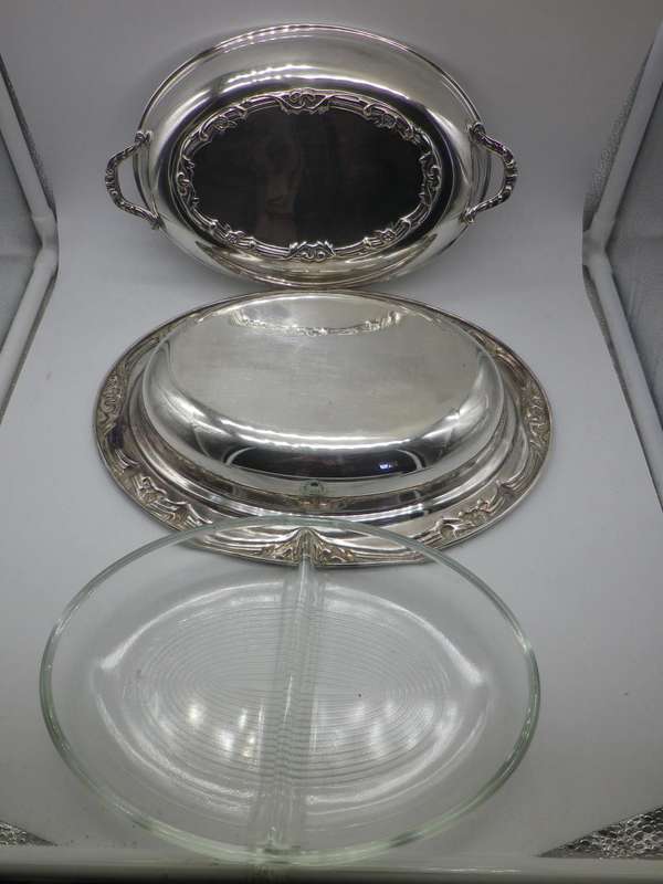 Attractive Silver Plated Lidded Oval Entree Serving Dish with Glass liner Very Good Condition