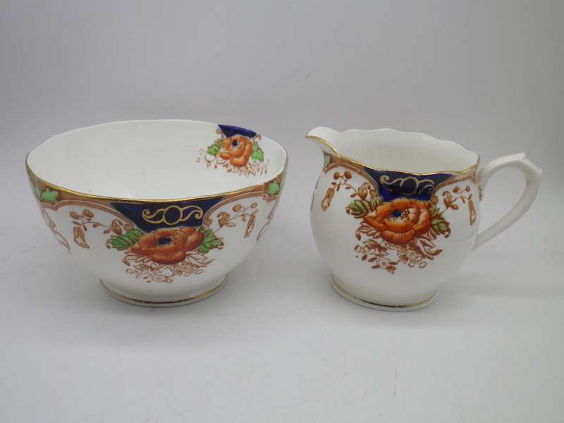FOR ELSABE!!! BELL CHINA 20 PIECE IMARI DESIGN TEA SET. 6 trios, sugar bowl and creamer.