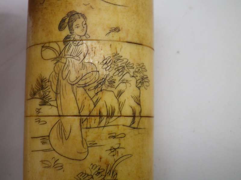 Vintage Japanese Hand Carved Scrimshaw Bone Inro with toggle & cord Geisha Design