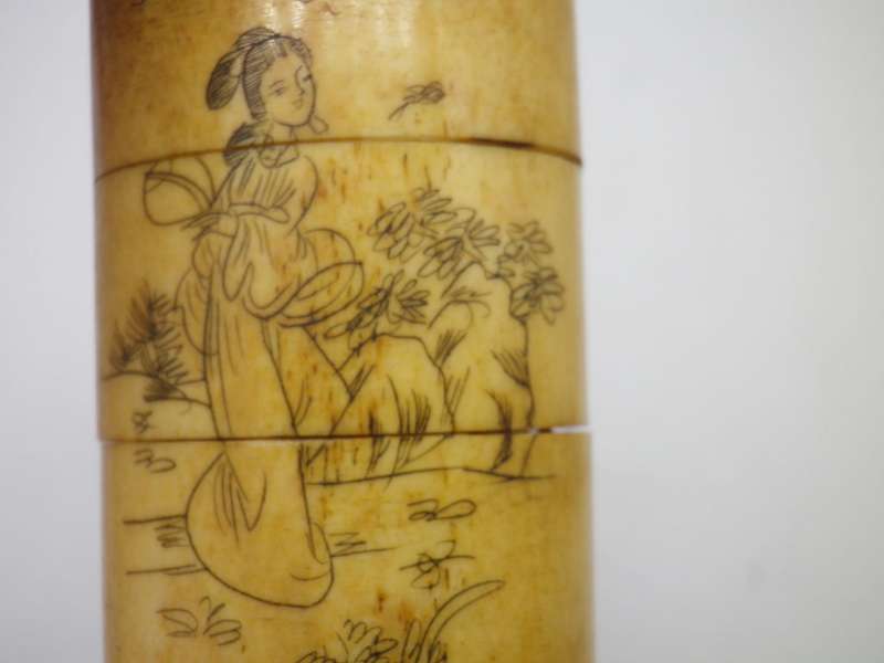 Vintage Japanese Hand Carved Scrimshaw Bone Inro with toggle & cord Geisha Design