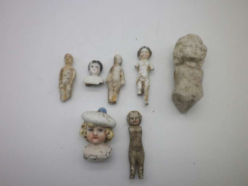 Antique Bisque/Ceramic DOLL PARTS. Unearthed in SA. 3 `frozen Charlotte` & c1890 german head wow!!