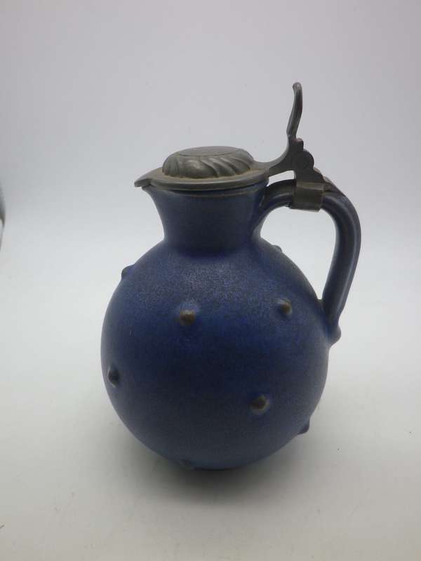 ANTON LANG Studio Pottery Jug Art Nouveau c1920s with pewter lid  12.5cm Rare