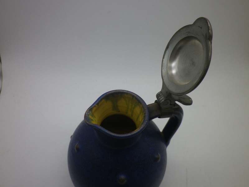 ANTON LANG Studio Pottery Jug Art Nouveau c1920s with pewter lid  12.5cm Rare