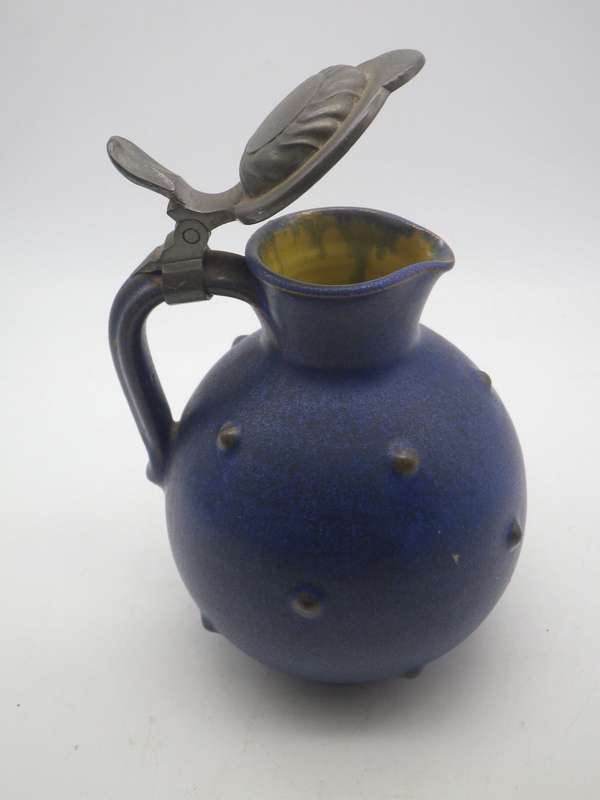 ANTON LANG Studio Pottery Jug Art Nouveau c1920s with pewter lid  12.5cm Rare