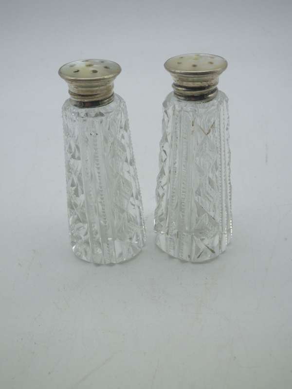 Cut Crystal Salt & Pepper Set with Sterling Silver and mother of Pearl screw on lids