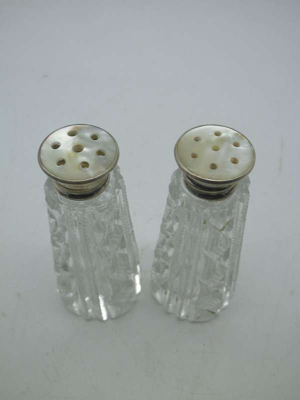 Cut Crystal Salt & Pepper Set with Sterling Silver and mother of Pearl screw on lids