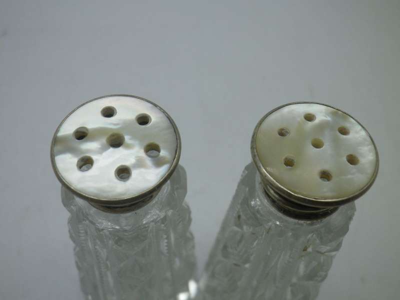 Cut Crystal Salt & Pepper Set with Sterling Silver and mother of Pearl screw on lids