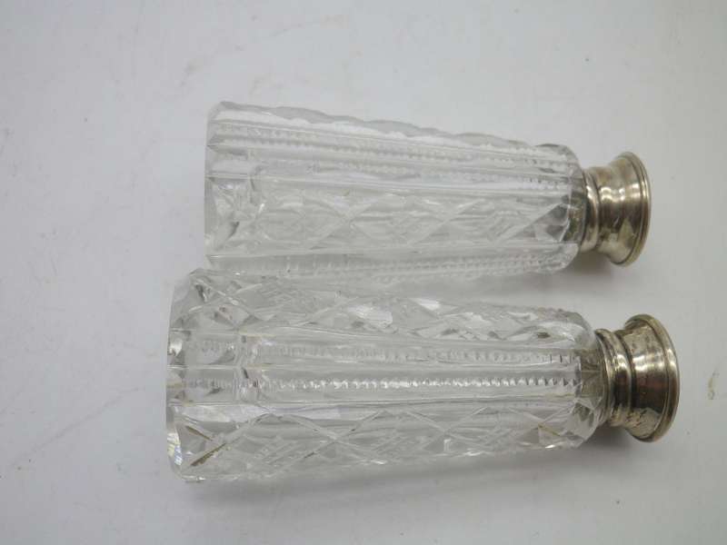 Cut Crystal Salt & Pepper Set with Sterling Silver and mother of Pearl screw on lids