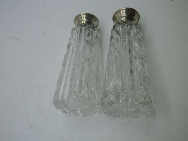 Cut Crystal Salt & Pepper Set with Sterling Silver and mother of Pearl screw on lids