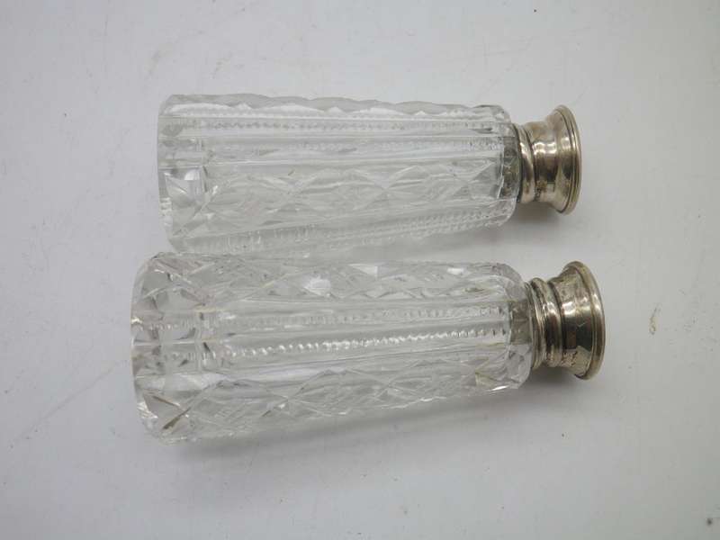 Cut Crystal Salt & Pepper Set with Sterling Silver and mother of Pearl screw on lids