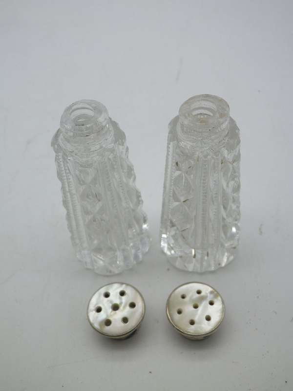 Cut Crystal Salt & Pepper Set with Sterling Silver and mother of Pearl screw on lids