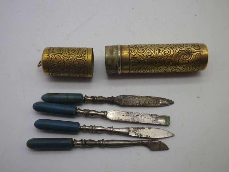 Unusual Vintage brass cased miniature Manicure Set to attach to Chatelaine