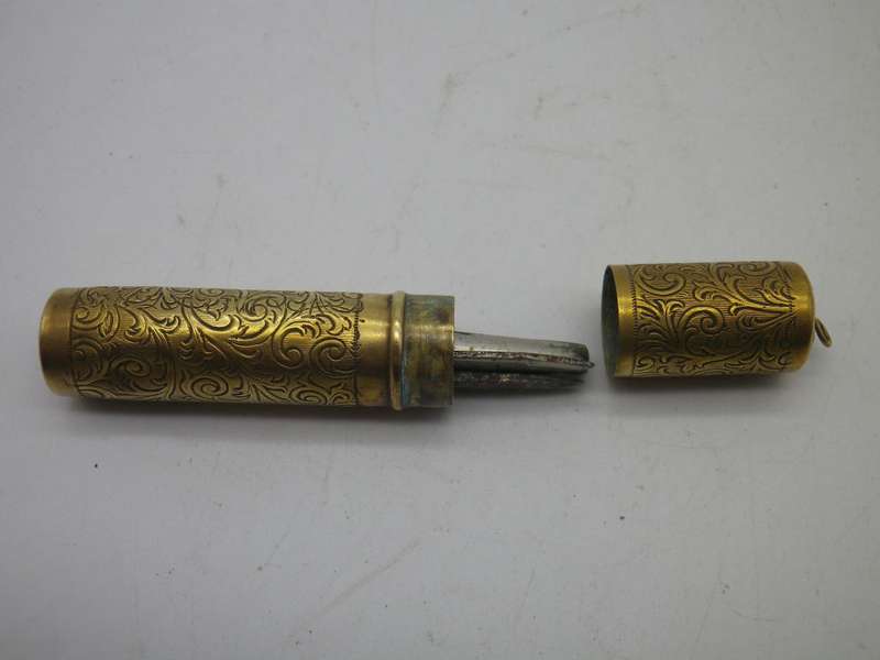 Unusual Vintage brass cased miniature Manicure Set to attach to Chatelaine