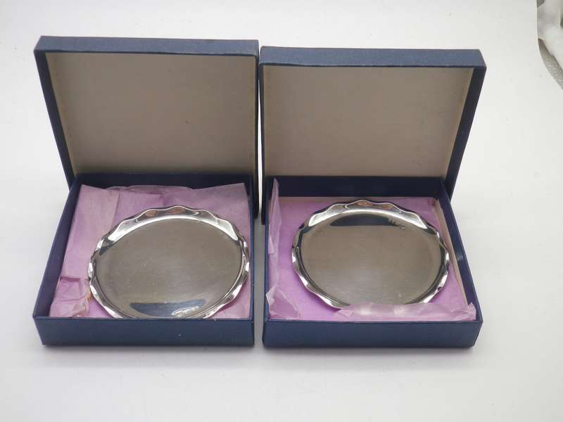Pair Vintage SA Sterling Silver coasters Norman Watson  c1970s Dick King stamp 62g 7.5cm Boxed