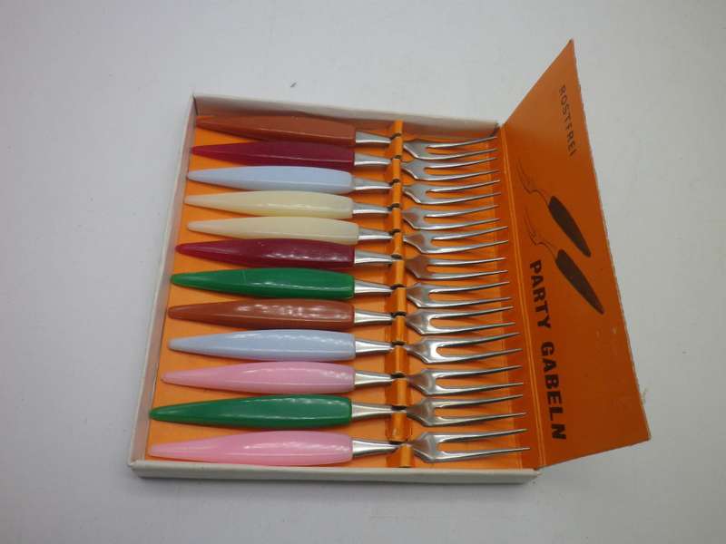 12 boxed Vintage cocktail forks.  Vibey RETRO colourful