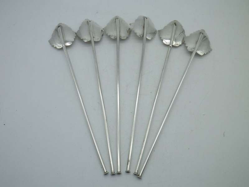 Vintage set 6 Mexico Sterling Silver Leaf Sipper Mate Straws. Unusual