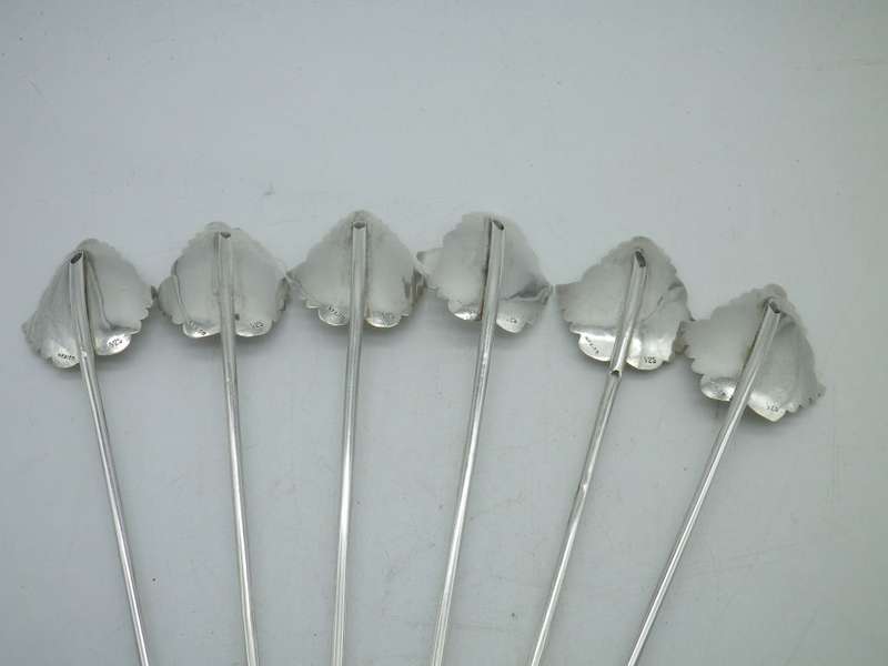 Vintage set 6 Mexico Sterling Silver Leaf Sipper Mate Straws. Unusual