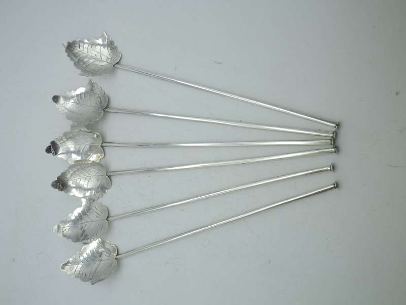 Vintage set 6 Mexico Sterling Silver Leaf Sipper Mate Straws. Unusual