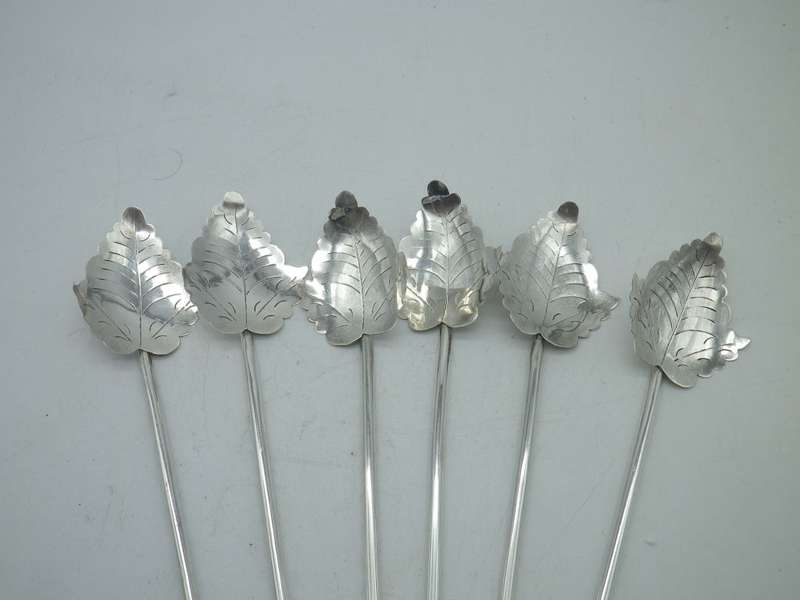 Vintage set 6 Mexico Sterling Silver Leaf Sipper Mate Straws. Unusual