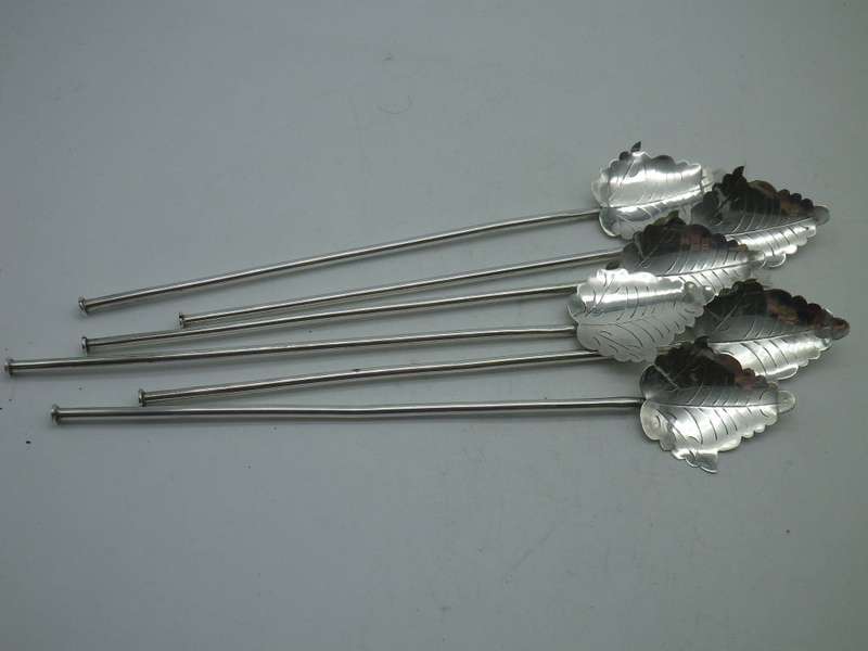 Vintage set 6 Mexico Sterling Silver Leaf Sipper Mate Straws. Unusual