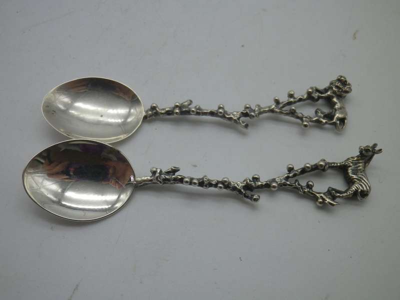 2 Sterling Silver teaspoons. LION & ZEBRA.  9.5cm 20g