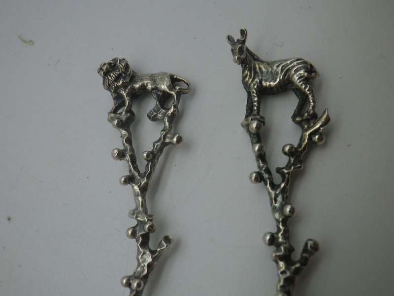 2 Sterling Silver teaspoons. LION & ZEBRA.  9.5cm 20g